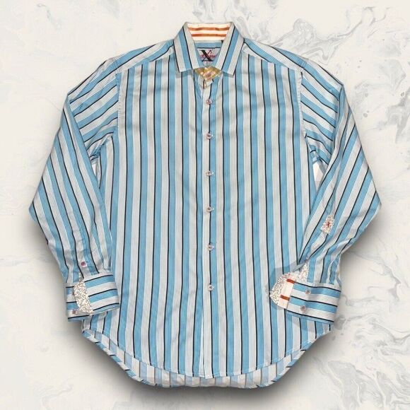 Robert Graham Blue White Striped Flip Cuff Button Up Dress Shirt Size Medium - Picture 1 of 7